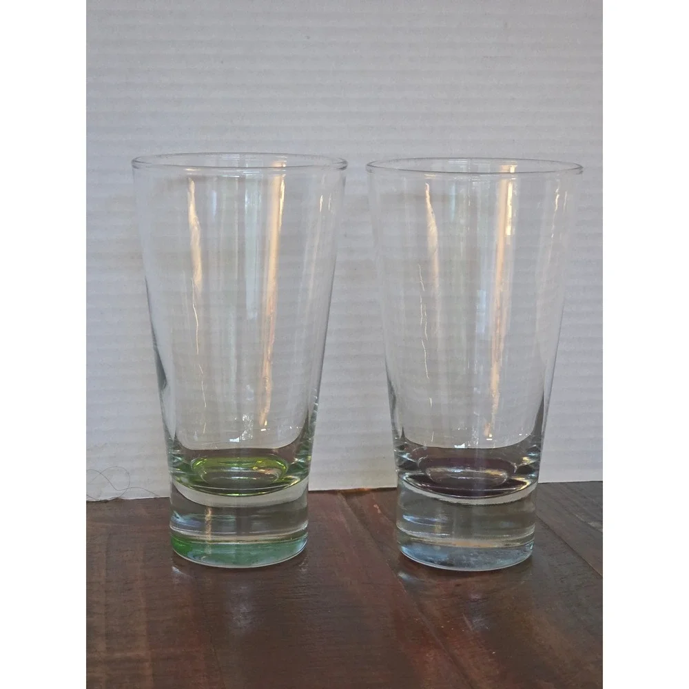 Set of 2 Highball‎ Glasses Heavy Sham Color Bottom Green Purple Tapered Tumblers